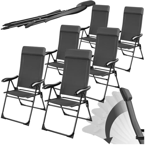 tectake® Silla de Camping Plegable de Aluminio, Respaldo Ajustable 7 Posiciones, Tejido Transpirable, Reposabrazos Ergonómicos, Cojín Extraíble, Pies Antideslizantes, Ideal Acampada y Playa - 6 sillas