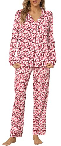 LUBOT Pigiama Donna in Cotone Leggero Estivo 100% Tessuto - Completo 2 Pezzi Manica Lunga con Bottoni, Anti-Sgualcitura & Traspirante, per Notte e Casa