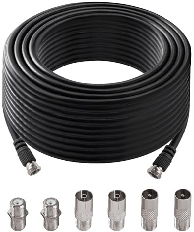KUOQIY 10m 75 Ohm Cable Coaxial RG6, F Macho a F Macho Alta Velocidad Cable Antena TV RG6, con 6 Piezas Acopladores de Extensión, para Caja de Cables, TV, Satélite, Enrutador Digital, Negro
