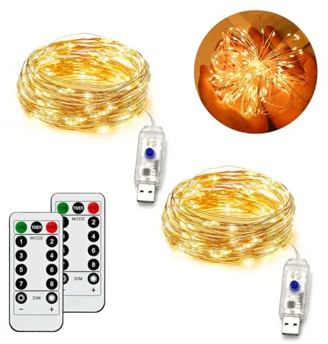 Zuahaly 2 Pack De Guirnaldas LED Con 100 Luces, 10m/40Ft, 8 Modos, Alimentación USB, Impermeables Para Uso Interior Y Exterior, Decoración Navideña, Bodas, Dormitorio Y Fiestas (Luz Blanca Cálida)
