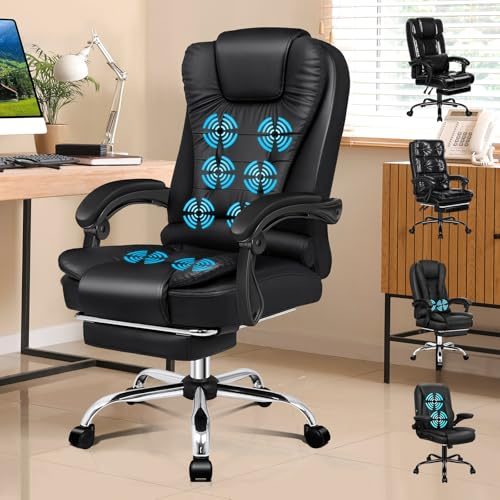 ALFORDSON Ergonomisk chefsfåtölj massage kontorsstol värmefunktion, skrivbordsstol infällbart fotstöd, snurrstol lutningsvinkel 90°-150°, mötesstol höjdjusterbar PU-läder svart