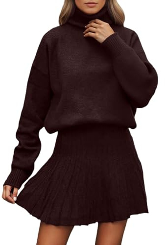 Générique Set gonna corta da donna autunno inverno 2 pezzi casual maglione a collo alto e gonna corta set minimalista in maglia abbigliamento caldo autunno inverno vestito elegante per Natale, marrone