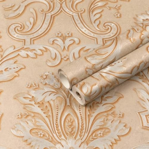 ESSMOKO Papel tapiz Material impermeable de PVC no tejido con estampado floral clásico engrosado no autoadhesivo adecuado para uso doméstico en salas de estar dormitorios y estudios en oro rosa