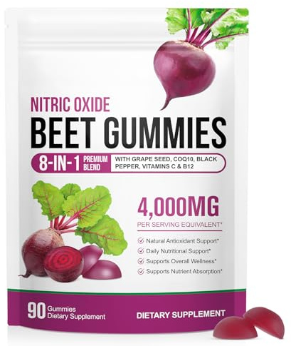 Beet Root Gummies, 8 in 1 Super Beet Root Supplement with CoQ10, Grape Seed Extract, Vitamin C and B12, Support Blood Pressure, Heart Health, Energy Level, 90 Chews