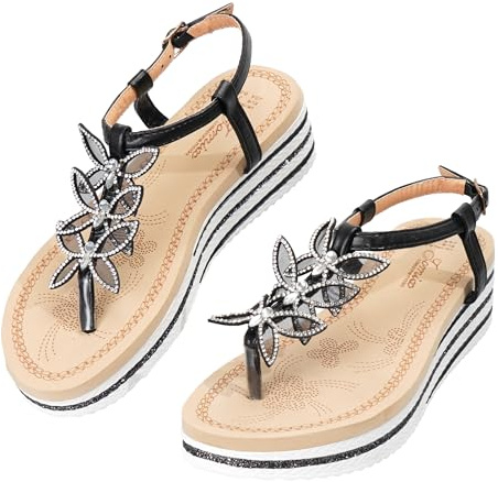 JOMIX Sandali Moda Donna Estivi Infradito con Zeppa Comodi Eleganti con Decorazione Floreale e Perline Scarpe Mare Spiaggia Vacanza Pantofole Boho Chic WFF260359, Nero, 37 EU