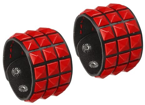 QUARKZMAN 2 Pcs Bracelet En Cuir Punk 8.7/22cm Rivets Carrés Superposés Bracelet Goth À Clous Et Studs Brassard Réglable Bangle Pour Accessoires Halloween Emo Grunge, Rouge(Noir)