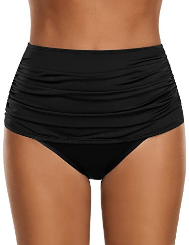 GRAPENT Women's Black High Waisted Swim Bottom Ruched Bikini Tankini Swimsuit Briefs High Rise Shirred Bathing Suit Briefs Swim Bottoms Large Size 12 Size 14