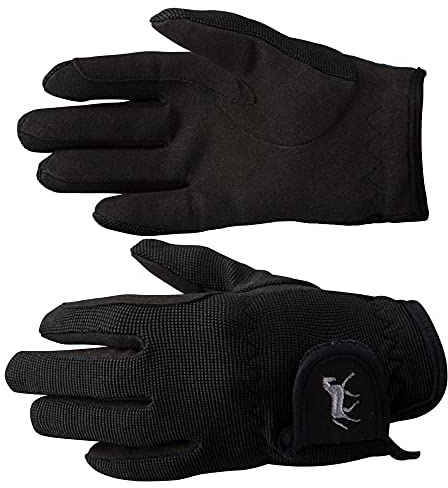 HORZE Kids' Unisex Stretchy Adjustable Horse Riding Equestrian Gloves with Suede Grip and Pony Design - Black - 5