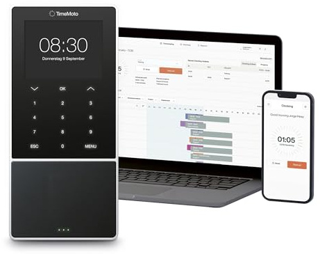 TimeMoto TM—818 SC Cloud-Based Employee Time Clock, Pairs With Contactless Smart Access Cards, RFID Badge/Keyfob, PIN, Up To 2,000 Users, Worked Hours Reporting, Timesheets, Wi-Fi, App for iOS/Android