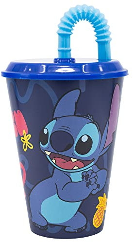 Stor Bicchiere plastica per bambini Disney Stitch da 430 ml, senza BPA, riutilizzabile e lavabile, con cannuccia e coperchio