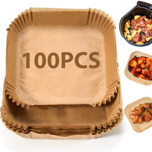 Backpapier für Heißluftfritteuse, 100 Stück Airfryer Backpapier, Antihaft Wasserdicht Ölfest Luftfritteuse Pergamentpapier für Heißluftfritteuse Bratpfanne Ofen Mikrowelle, Quadrat 16 x 16 cm