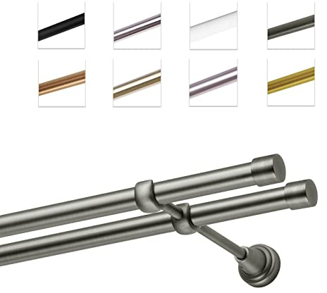 MDEKOR Gardinenstange 600 cm doppelläufig | Vorhangstange für die Wandmontage Silber Grau aus Metall | Gardinenstangenset Ø 19mm