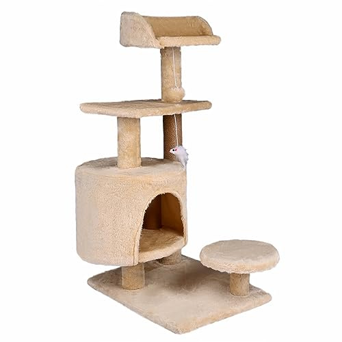 Árbol Rascador para Gatos | 3 Alturas | con Refugio y Torre con Plataformas | Cuerda de sisal | Juguete Escalador Gato Mediano | 43x40x88cm | Soporta hasta 10kg | Multinivel