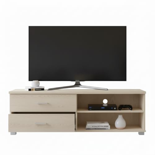 MAKA Mobile TV Soggiorno Moderno in Legno Truciolato Melaminico con Cassetti Ripiani Aperti Armadietti Mobiletto con 5 Gambe in PVC Porta Tv fino a 50 Pollici con Foro Passa Cavi 120x40+44 cm