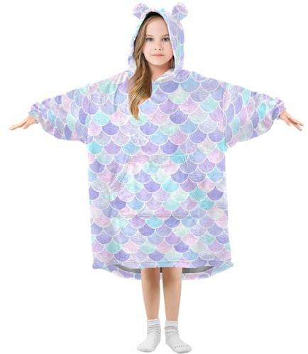 Mnsruu Blanket Hoodie for Kids Fish Mermaid Scale Oversized Warm Fleece Hoodie Blanket Wearable Sweatshirt Plush Girls Boys
