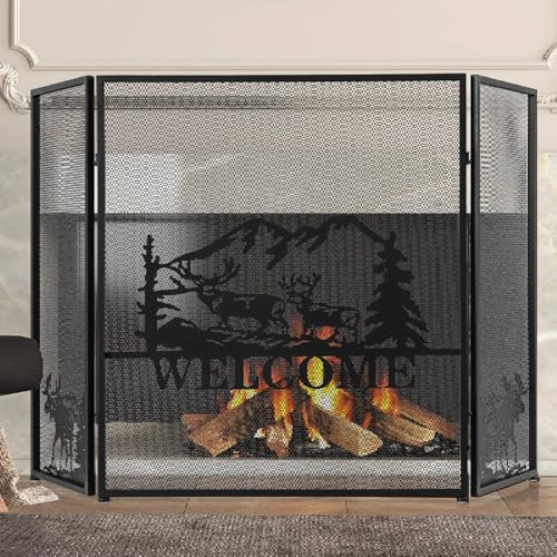 TANGZON 3 Panel Folding Fire Guard, Metal Fireplace Screen with Flexible Hinges, Natural Scenery & Moose Pattern, Spark Flame Barrier Fire Panels for Coal Firing Stoves Grills (Flat Top, 132 x 79cm)