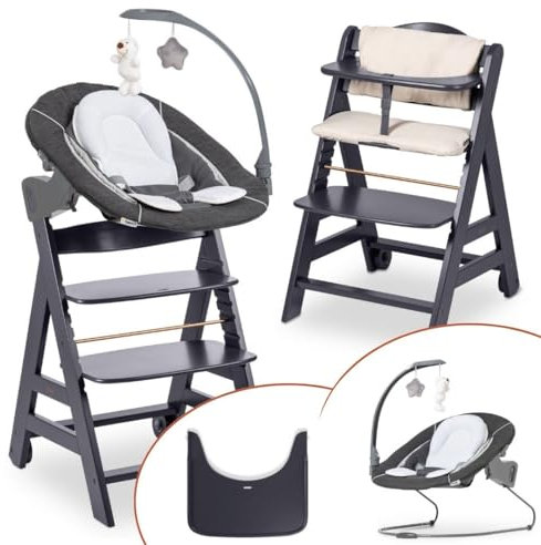 hauck Trona Beta Newborn Set de Trona Evolutiva Bebe apta desde el Nacimiento, Tronas de Bebe Evolutiva con Hamaca, Cojín y Bandeja, Silla Bebe Madera - Melange Grey