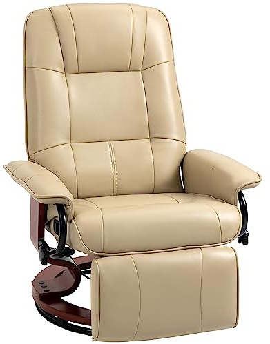 HOMCOM Fauteuil Relax Inclinable, Fauteuil de Salon, Repose-Pieds Réglable, Pivotant 360°, Piètement Bois, Revêtement Synthétique, Crème