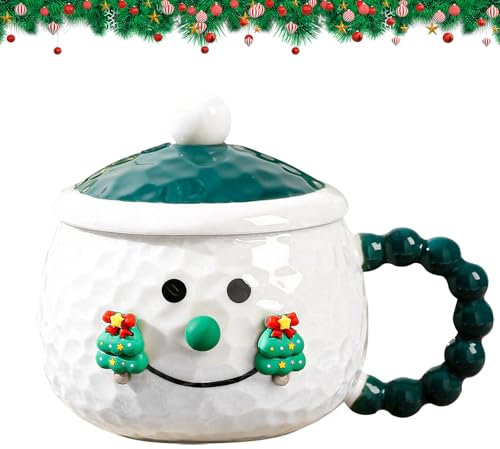 Snögubbe jul kaffemugg 400 ml, keramiska jultekoppar med lock, festival söta julmuggar, dryck varm kokosmugg, vinter kaffemugg, nymodiga muggar present till Thanksgiving jul (grön)