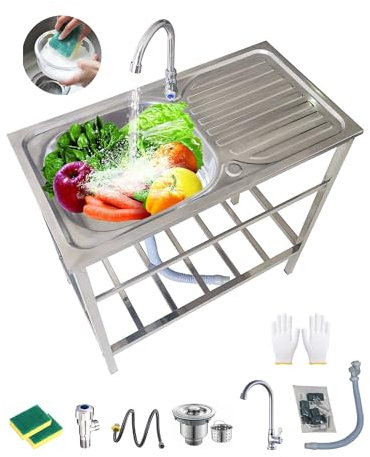 Évier INOX Commercial avec Robinet pour Cuisine et Jardin Extérieur - Évier Utilitaire Autoportant sur Pieds pour Buanderie, Arrière-Cour, Restaurant, Café - Robuste et Stable