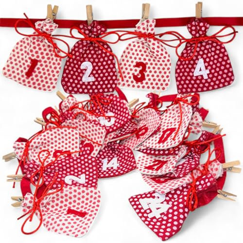 MIJOMA Advent Calendar for Filling, 24 Cotton Bags with Felt Numbers and Jute String, Christmas Calendar Fabric and Jute, 9 x 11 cm, DIY Advent Calendar (Red/White with Dots)