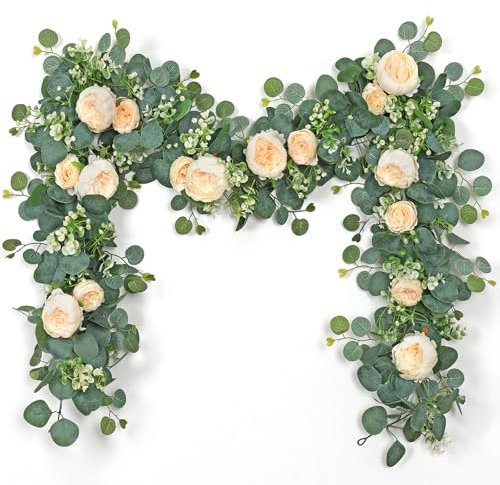 SOMYTING 2 guirnaldas de flores de eucalipto artificiales de 13.1 pies con rosas falsas, hojas de eucalipto, guirnalda de vegetación para boda, telón de fondo, fiesta, centro de mesa, decoración de