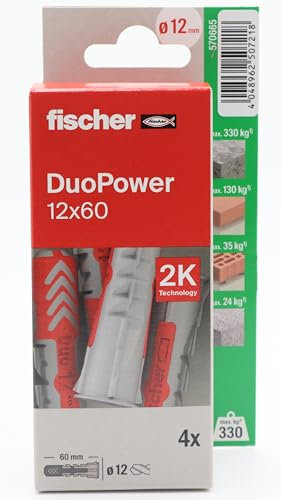 fischer - Duopower 12x60-4U, Tacos para pared multimaterial, sirven para Colgar Bicicletas, Cuadros, Armarios, Soportes de Televisión, Estanterías, Muebles.
