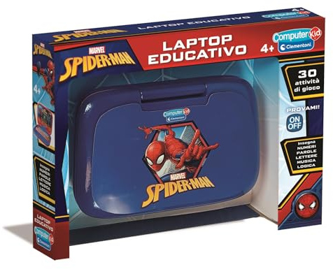 Clementoni - Computer Kid Spiderman Laptop Educativo Bambini 4+Anni, Giochi e attività Didattiche per Imparare Lettere, Numeri, Logica e Musica, Design a Tema Supereroe Marvel, Lingua Italiana, 16057