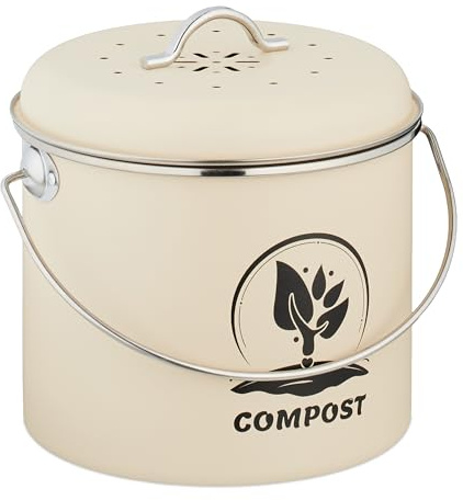 Relaxdays 3 Compostera Cocina 3,5 L con Tapa y 2 Filtros Carbón Activo, Cubo Compostaje Basura Orgánica, Metálica, Crema