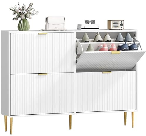 HOMCOM Meuble à Chaussures 20 Paires, Armoire à Chaussures étroite Moderne avec 4 tiroirs rabattables, Portes cannelées et étagères réglables, pour Couloir et entrée, 105 x 24 x 91,5 cm, Blanc