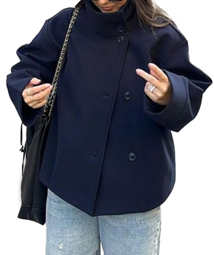 SEMATOMALA Women's Cropped Pea Coats Oversized Wool Blend Short Jackets Stand Collar Fall Winter Outerwear, Navy Blue, Medium