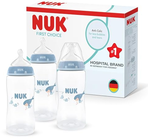 NUK First Choice Lot de 3 biberons anti-coliques en polypropylène avec indicateur de contrôle de température Motif baleine 300 ml