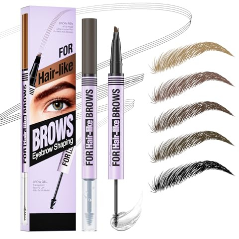 Eyebrow Pencil, Microblading Eyebrow Pen with Gel, 2-in-1 Dual-Ended Eye Brow Pencil with 4 Fork Tip, Waterproof Brow Pencil for Natural Makeup, Precise, Shapes, Long-Lasting (Dark Brown)