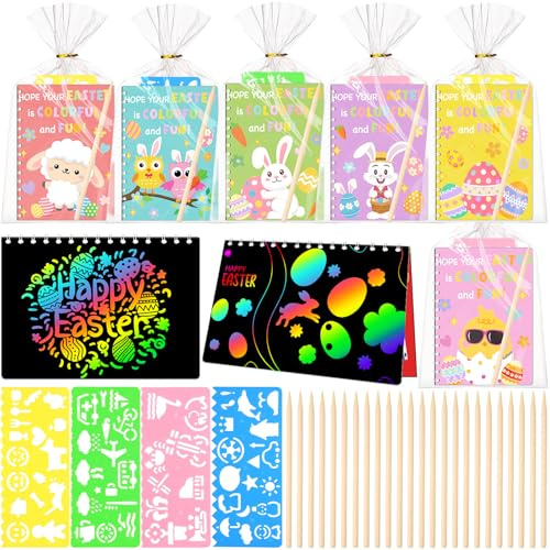 Motipuns 24 Sets Easter Classroom Gifts for Students Kids Bulk, Easter Scratch Notebook Party Favor, Goodie Bag Basket Stuffer, School Class DIY Craft with Stencils, Pens, Teacher Prize Supply