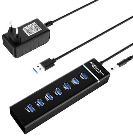 Hub USB 3.0 con alimentatore: 7 porte USB Hub attivo per trasferimento dati ad ultrasuoni, multipresa USB per PC, laptop, flash, HDD mobile