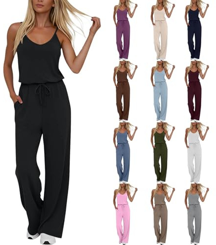 Jumpsuits for Women UK Cami Playsuits with Pockets Ladies Adjustable Strap Jumpsuit V Neck Sleeveless Baggy Overall Casual Plain Dungarees Comfy Drawstring Waist Wide Leg Pants Romper Lounge Bodysuit