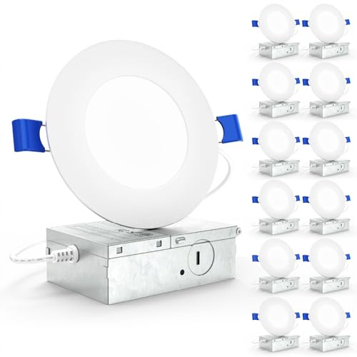 Sunco 12 Pack 4 Inch LED Recessed Lights, Slim Canless Ceiling Lighting, 650 LM, 10W (60W Equivalent), 5000K Daylight, Dimmable, Wafer Thin, Ultra Thin with Junction Box ETL