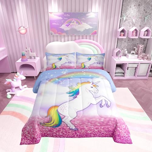 Loussiesd Dreamy Unicorn Copriletto 200x200cm Bambini Ragazze Rosa Viola Trapuntato Set Letto per Donne Colore Arcobaleno Cavallo Con 1 Federa Morbida Microfibra Inverno Estate Piumino Piumino