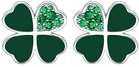 Qings Orecchini a bottone con quadrifoglio 925 sterline d'argento Orecchini a bottone a forma di cuore con foglie verdi brillanti festa di San Patrizio Regalo di gioielli floreali per donne e ragazze