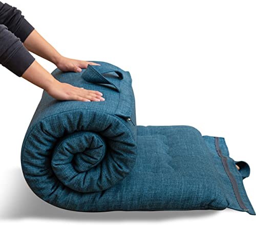 MAXYOYO Futon pieghevole portatile, tessuto ipoallergenico e cuscino in schiuma con maniglia e cerniera per interni ed esterni, campeggio, blu, 135 x 190 cm