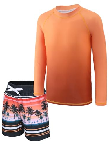Boys Rash Guard Set for Boys 2 Piece Long Sleeve Swimsuits Set Swim Shirts with Trunks Quick Dry Bathing Suits Swim Set Orange Palm Beach Size 7/6-7 Years