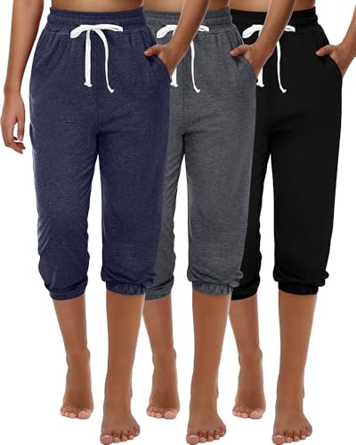 Ficerd 3 Pezzi Pantaloni della Tuta Capri da Donna Pantaloni da Jogging Estivi Casual Sportivi Cropped Pantaloni da Salotto a Vita Alta Sportivi con Tasche(Nero, Grigio Scuro, Blu Navy,Large)
