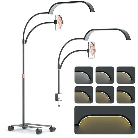 Lmaqfum Kosmetiklampe für Wimpern, 2-in-1Halbmond Lampe mit Telefonhalterung und 50-cm-Schwenkarm, 7 Farben und stufenloses Dimmen, Kosmetikerlicht mit Radständer für Wimpernverlängerung, Tattoo