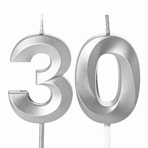 Velas de cumpleaños número 30, velas plateadas para decoración de tartas