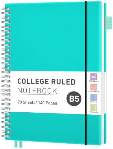 RETTACY B5 Spiral Notebook, Lined Journal, Notepad, 140 Pages, Turquoise | Flexible Plastic Cover Note Book, 100 GSM College Ruled Paper, with Pocket, Pen Loop, Ruler & Bookmark - 19 × 25 cm