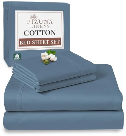 Pizuna 100% Cotton Super King Bed Sheet Set Dusty Blue 400 Thread Count | 400 Thead Count Long Staple Cotton Bedding, 300x280 cm, Soft Sateen 4 Pc King -fitted Flat Sheet & 2 Pillowcases