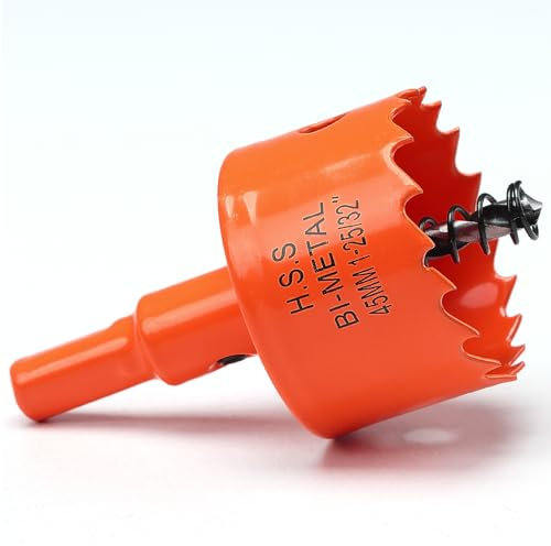 Sierra de corona de 45 mm, color naranja, acero rápido HSS M42, sierra perforadora bimetálica, fresadora de agujeros con vástago hexagonal y broca con profundidad de corte de 30 mm para madera
