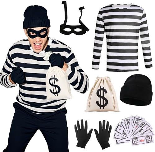 Disfraz de ladrón para adultos, conjunto de disfraz de ladrón para adultos, trajes de ladrón con rayas blancas y negras, máscara de ojos, guantes, bolsa de lona, sombrero para el Día Mundial del Libro