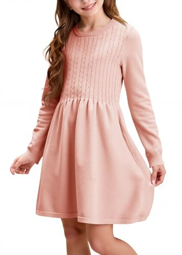 Haloumoning Robe pull pour fille à manches longues en tricot avec motif de tresses - Robe en A - Robe décontractée pour l'automne - Robe élégante pour les fêtes - Robes d'hiver, rose clair, 10-12 ans