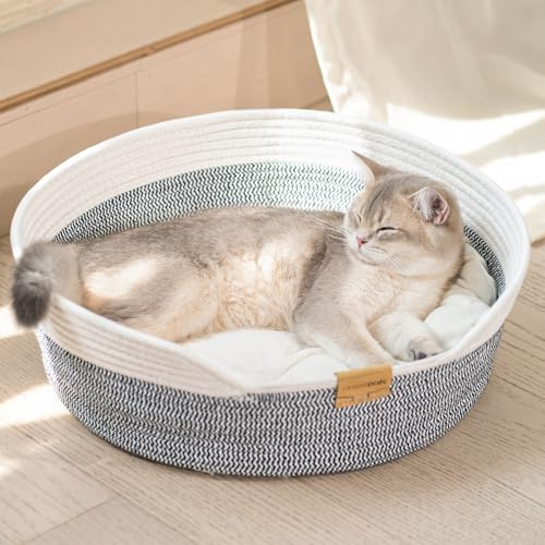 CheerPals Panier Chat Tressé en Corde, Lit pour Chat Respirant au Design Artisanal, Panier Rond et Douillet pour Toutes Saisons, Style Nordique, 47x47x15 cm
